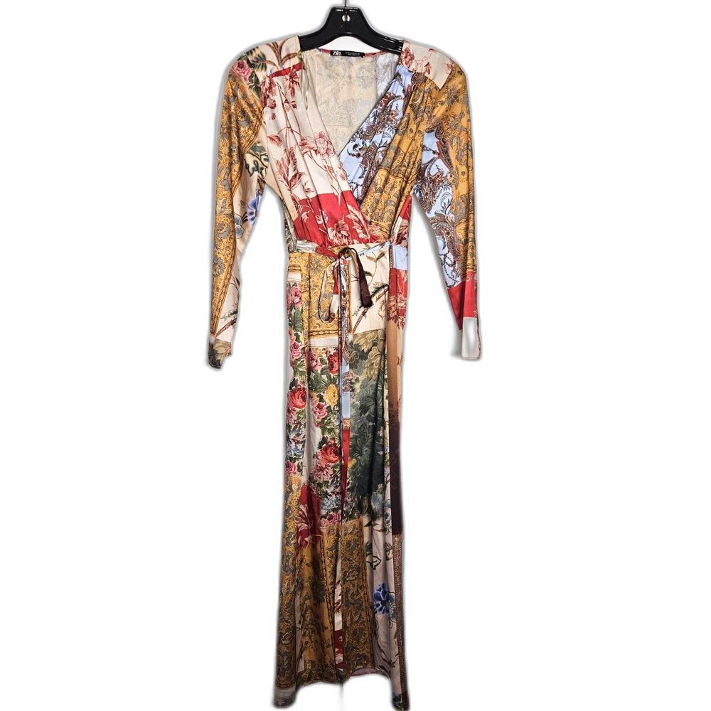 Zara Patchwork Print Satin Effect Wrap Midi Dress Long Sleeve Multicolor XS